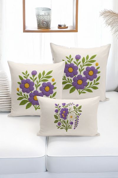 Bertille Home Set de 3 huse de pernă cu imprimare digitală pe două părți (aspect de broderie cu model de puncție)