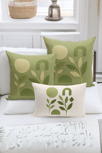 Bertille Home Set de 3 huse de pernă cu imprimare digitală pe două părți (aspect de broderie cu model de puncție)