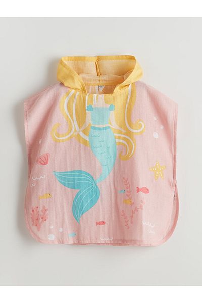 LC Waikiki Pink Printed Uv Protection Baby Girl 100% Cotton Poncho Towel