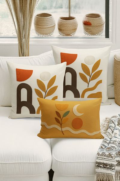 Bertille Home Set de 3 huse de pernă cu imprimare digitală pe două părți (aspect de broderie cu model de puncție)