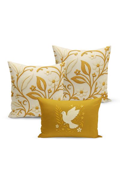Bertille Home Set de 3 huse de pernă cu imprimare digitală pe două părți (aspect de broderie cu model de puncție)