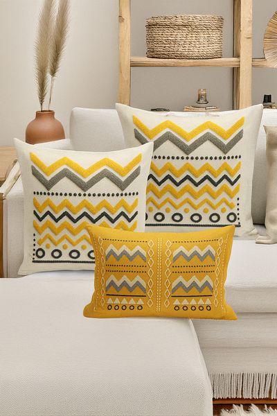 Bertille Home Set de 3 huse de pernă cu imprimare digitală pe două părți (aspect de broderie cu model de puncție)