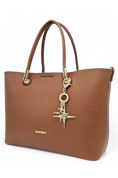 Evident Classic Women's Hand and Long Strap Shoulder Bag with Tan Color Soft Textured Charm