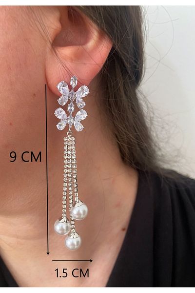ER TAKI Silver Color with Stones Long Pearl Dangle Butterfly Stylish Party Engagement Henna Wedding Wedding Evening Dress Earrings