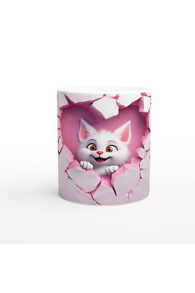 Luluyen Cute White Cat Looking through the Cracked Heart Themed Printed Mug