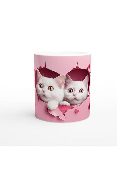 Luluyen Heart Shaped Two White Cats Looking through Cracked Wall Themed Printed Mug