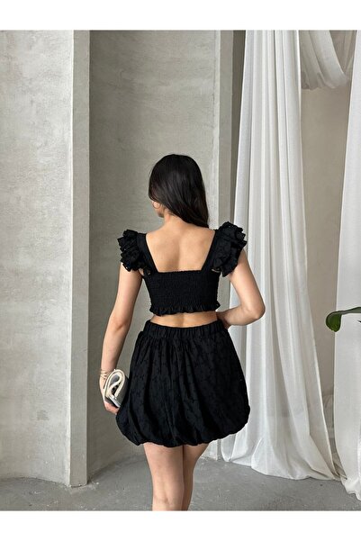 ZTO Women's Short Brode Fabric Balloon Skirt with Elastic Waist Crop Set