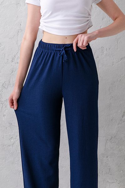 CNRCollection Women's Navy Blue High Waist Elastic Waist Lace up Stretchy Wide Leg Palazzo Wrap Women's Trousers
