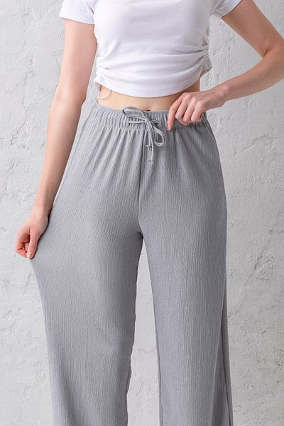 CNRCollection Women's Gray High Waist Elastic Waist Lace up Stretchy Wide Leg Palazzo Wrinkle Women's Trousers
