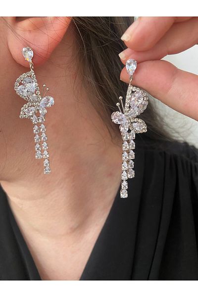 ER TAKI Stoned Silver Color Long Dangle Stylish Butterfly Model Party Engagement Henna Wedding Wedding Evening Dress Earrings