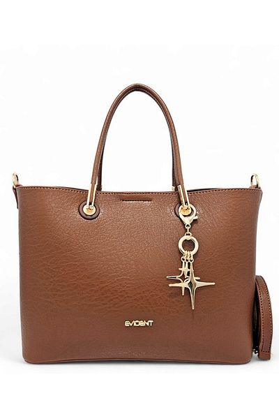Evident Classic Women's Hand and Long Strap Shoulder Bag with Tan Color Soft Textured Charm