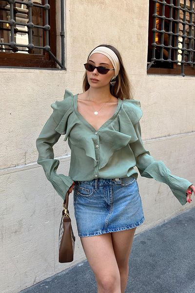 Swist Khaki Ruffle Detail V Neck Sleeves Shirring Women's Shirt