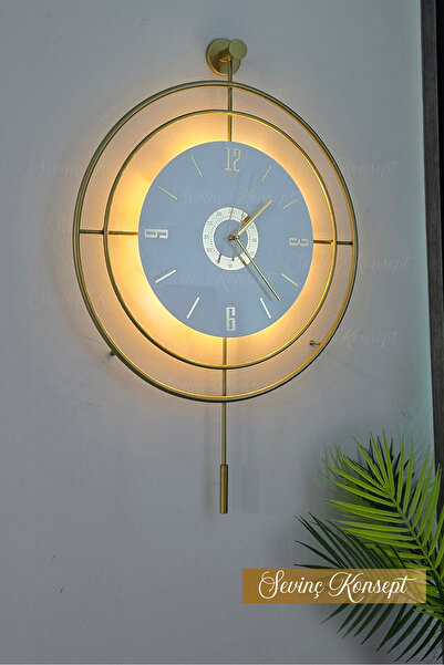 SEVİNÇ KONSEPT Led'li Gold Target Kristal (BÜYÜK BOY 50 X 75 Cm), Modern Dekoratif Sarkaçlı Metal Duvar Saati