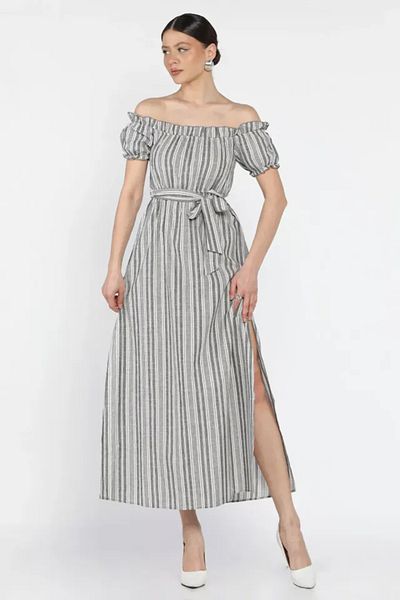 Fashi10 Λινό φόρεμα Madonna Collar Midi με σχισμή και ζώνη
