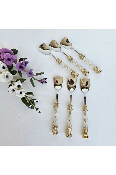 MaviDamla 6 Pieces Ice Cream Spoon with Crystal Handle Gold