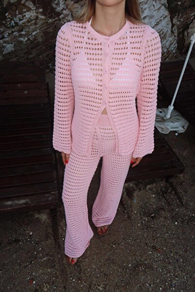 Swist Pembe Ajurlu Hırka-Pantolon Kadın Triko Alt Üst Plaj Takım