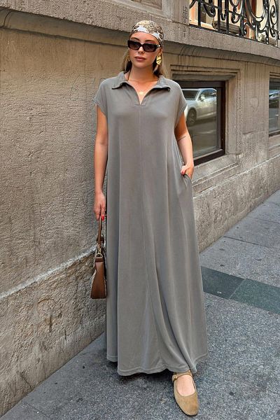 Swist Khaki Lea Pattern Collar Pike Modal Pocketed Casual Women's Midi Dress