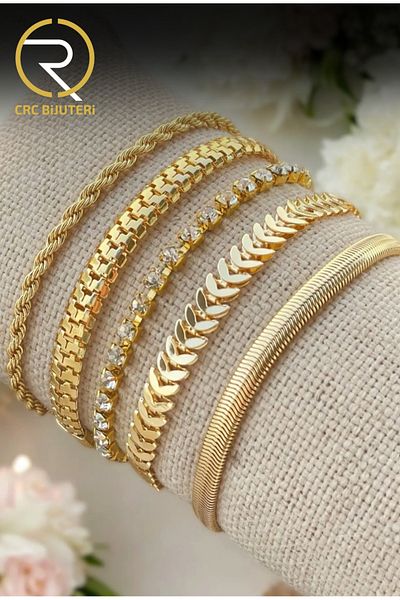 Crc Bijuteri Gold 5-Piece Zircon Stone Color-Resistant Women's Bracelet Combination