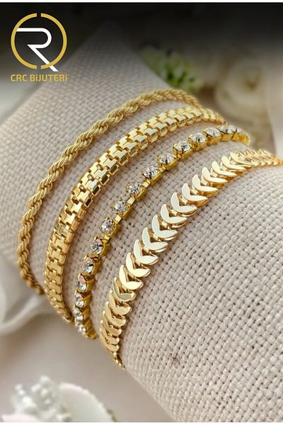 Crc Bijuteri Gold Color 4-Piece Adjustable Special Design Waterway Detail Women's Bracelet