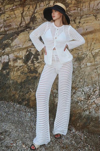 Swist Cardigan-Pantaloni ajurat alb Tricotaj pentru damă Set de plajă