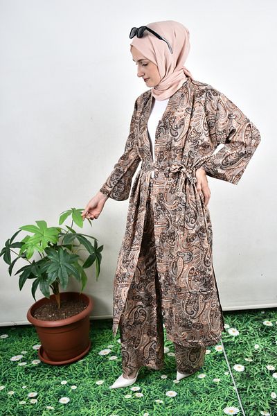 moda caddesi Ethnic Patterned Kimono Suit with Belt Detail