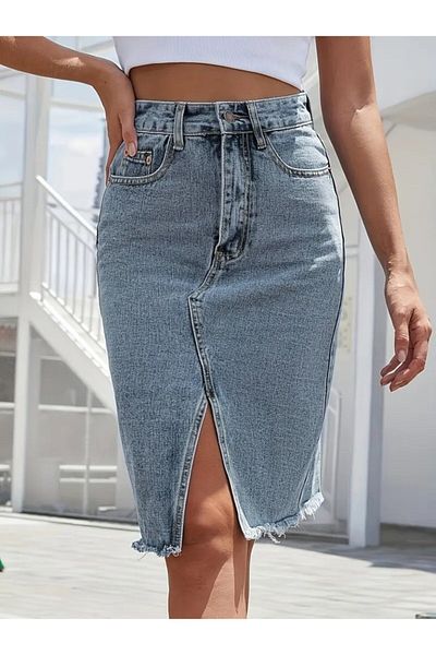 REKA MODA Women's Elastic Waist Ripped Edge Detailed Denim Skirt