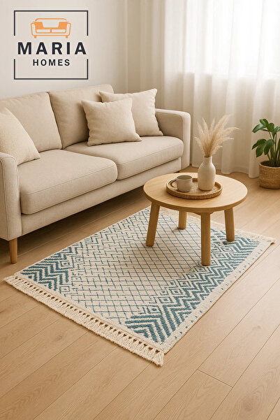 MARIA HOMES سجادة قطنية هندسية بنقشة ماسية زرقاء وحواف - مقاس 60×80 سم