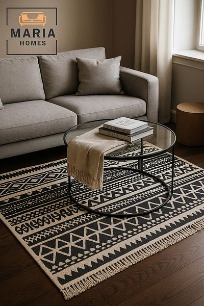 MARIA HOMES Black and Cream Tribal Pattern Cotton Runner Rug with Fringe –size 90*150 cm