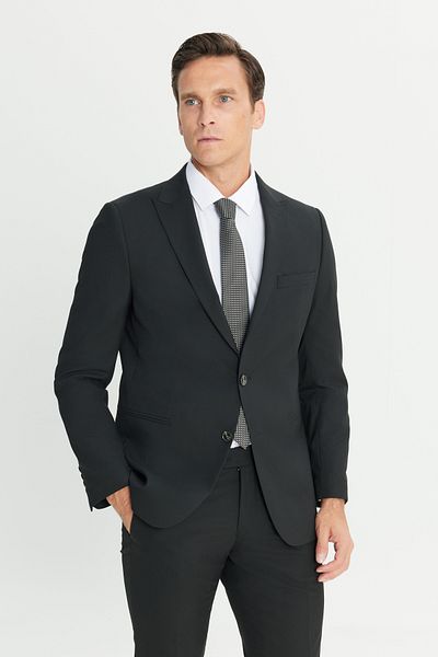 ALTINYILDIZ CLASSICS Men's Black Waterproof Extra Slim Fit Swallow Collar Woolen Nano Suit