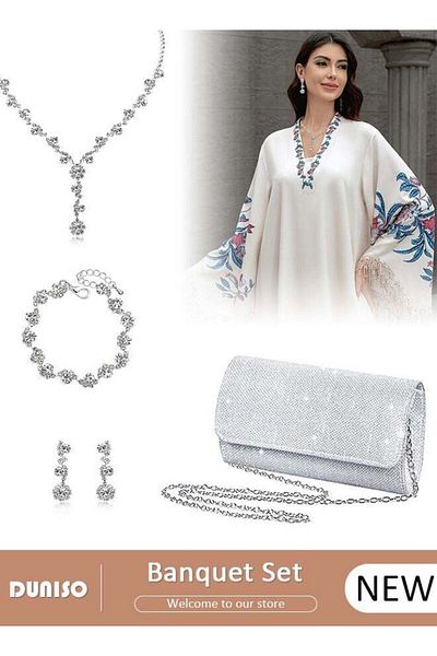 fun zone DUNISO 4 Pcs Silver Rhinestone Jewelry Set for Women Glitter Evening Clutch Envelope Purse Wavy Desi