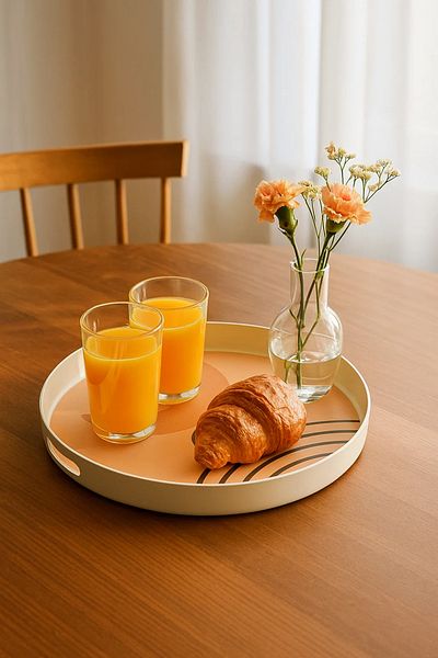 MARIA HOMES Round Serving Tray with Abstract Peach-Tone Design and Cutout Handles
