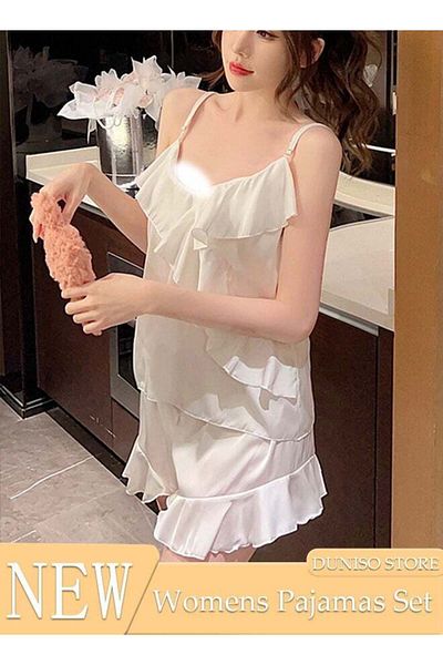 fun zone Women's 2pcs Pajama Set Short Sleeve Slip Nightgown Sleepwear