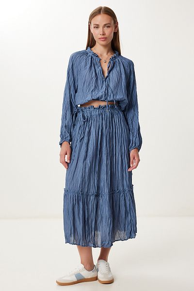 Lovelyİstanbul Crinkle Effect Blouse Skirt Woven Suit Ldp0065 Indigo Blue