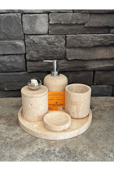Polen Stone طقم حمام من الحجر الطبيعي الترافرتين مكون من 5 قطع – غطاء بتفاصيل من الكروم النحاسي
