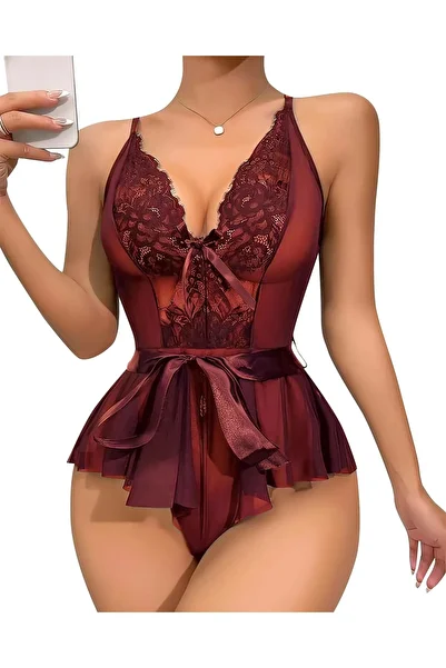 veira Burgundy Lace Embroidered Fancy Tulle Babydoll with Ribbons