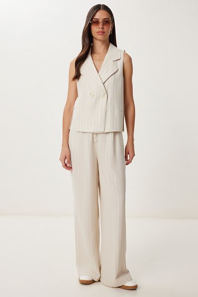 Lovelyİstanbul Double Breasted Collar Linen Vest Pants Suit Lrv0114 Cream