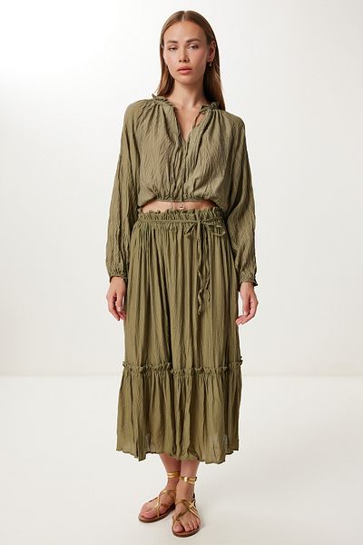 Lovelyİstanbul Crinkle Effect Blouse Skirt Woven Suit Ldp0065 Khaki