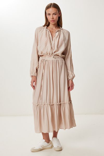 Lovelyİstanbul Crinkle Effect Blouse Skirt Woven Suit Ldp0065 Cream