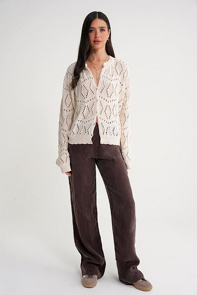 Mixray 6934 Women's Diamond Patterned Seasonal Openwork Cardigan Natural