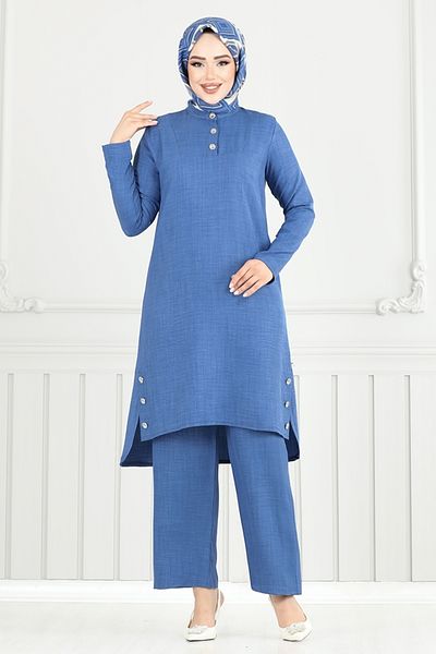 ModaMerve Button Detail Slit Suit 3130Hbs932-M Indigo