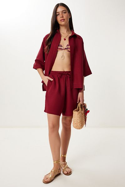 Lovelyİstanbul Muslin Shirt Shorts Set Ldp0064 Bordo
