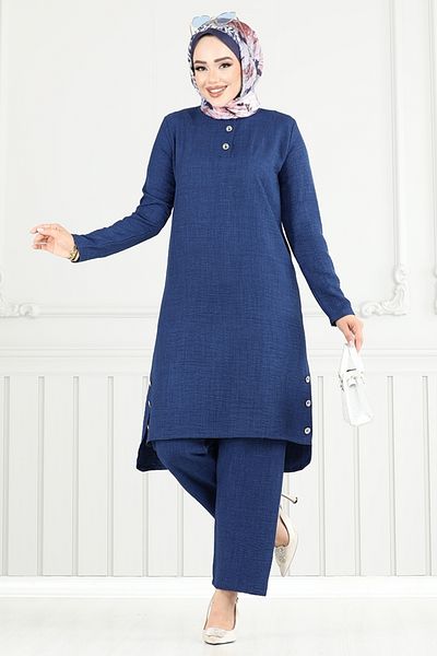ModaMerve Button Detail Slit Suit 3130Hbs932-M Navy