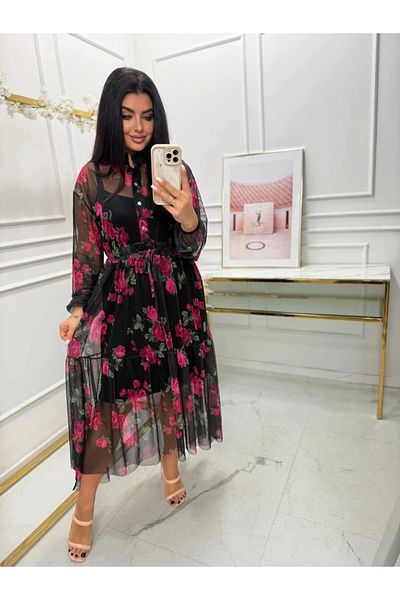 UniqueStore.ro Elegant black dress with floral print in shades of pink - One size