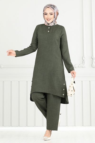 ModaMerve Button Detail Slit Suit 3130Hbs932-M Khaki