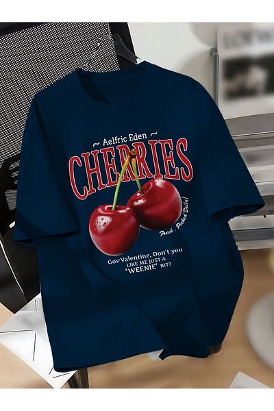 ELFAMİ Unisex Men/Women Cherries Custom Printed Oversize Cotton Crew Neck T-Shirt