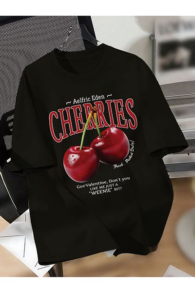 ELFAMİ Unisex Men/Women Cherries Custom Printed Oversize Cotton Crew Neck T-Shirt