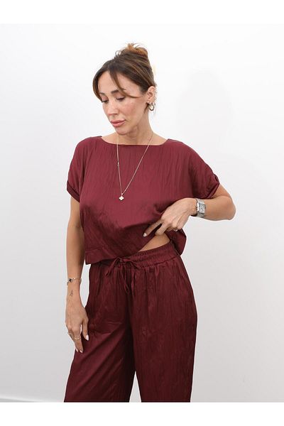 Maldia Shop Women's Crush Fabric Blouse Trousers Burgundy Suit