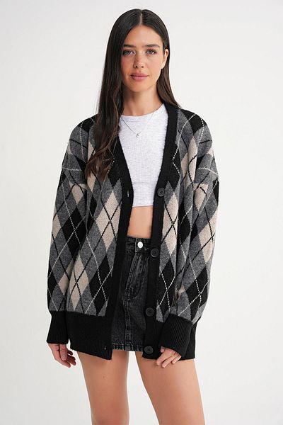 Mixray 6937 Women's Diamond Patterned Oversize Knitwear Cardigan Black