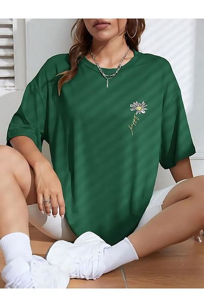 ELFAMİ PAPATYA Printed Summer Cotton Fabric Oversize Pattern T-Shirt