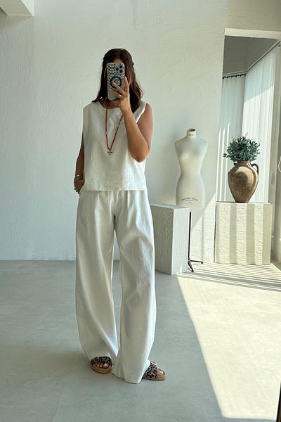 ELVAN TOLON Stone Color Wide Leg Trousers Blouse Set